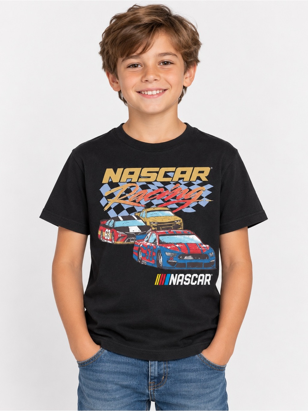 NASCAR Racing Boys Black Graphic T-Shirt Size Medium M Race Cars